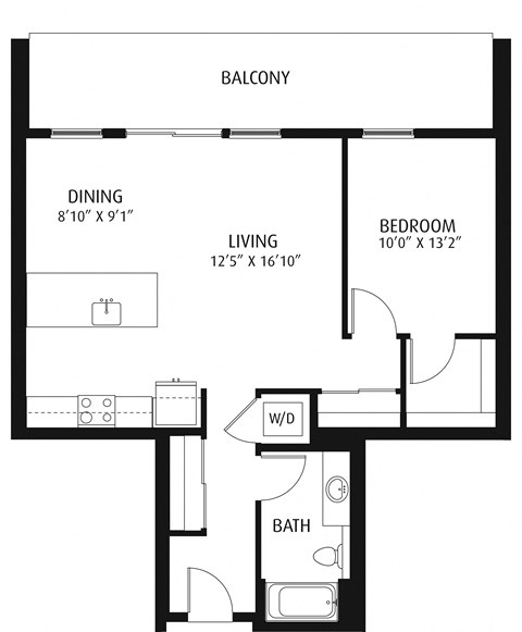 Floor plan for 1 bed, 1 bath, 845 sqft